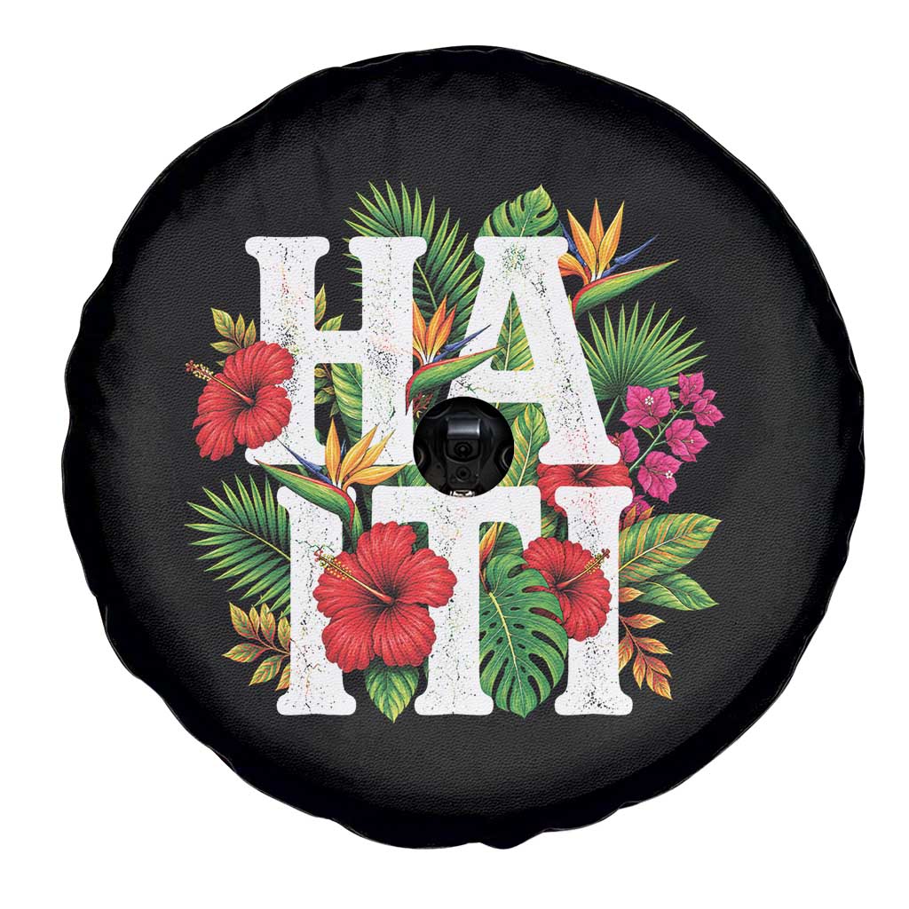 Haiti Tropical Floral Hibiscus Palm Leaves Island Graphic Spare Tire Cover Haitian Heritage Pride TS02 Print Your Wear