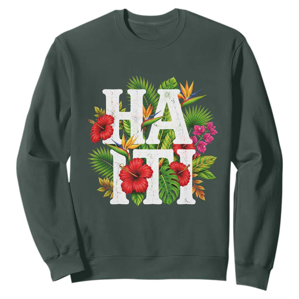 Haiti Tropical Floral Hibiscus Palm Leaves Island Graphic Sweatshirt Haitian Heritage Pride TS02 Dark Forest Green Print Your Wear