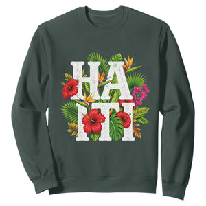 Haiti Tropical Floral Hibiscus Palm Leaves Island Graphic Sweatshirt Haitian Heritage Pride TS02 Dark Forest Green Print Your Wear
