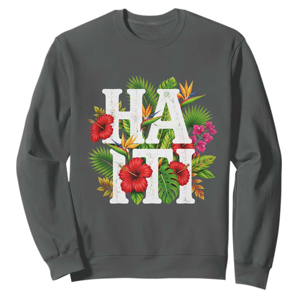 Haiti Tropical Floral Hibiscus Palm Leaves Island Graphic Sweatshirt Haitian Heritage Pride TS02 Dark Heather Print Your Wear