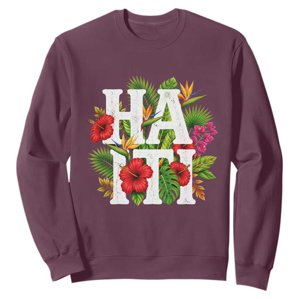 Haiti Tropical Floral Hibiscus Palm Leaves Island Graphic Sweatshirt Haitian Heritage Pride TS02 Maroon Print Your Wear