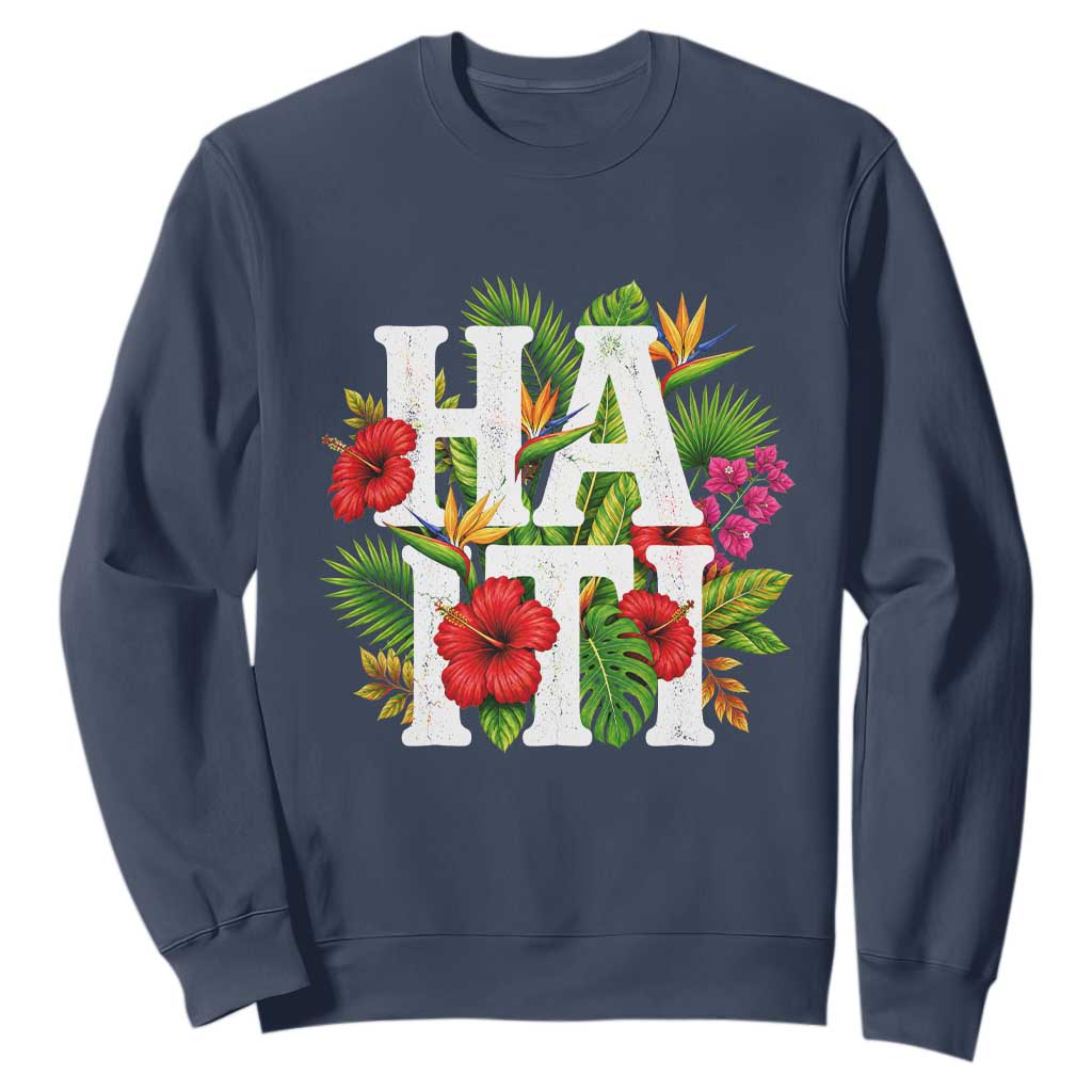 Haiti Tropical Floral Hibiscus Palm Leaves Island Graphic Sweatshirt Haitian Heritage Pride TS02 Navy Print Your Wear