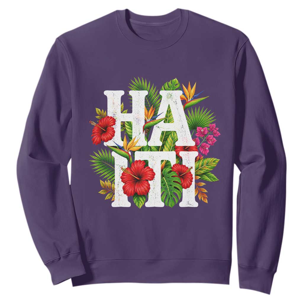 Haiti Tropical Floral Hibiscus Palm Leaves Island Graphic Sweatshirt Haitian Heritage Pride TS02 Purple Print Your Wear