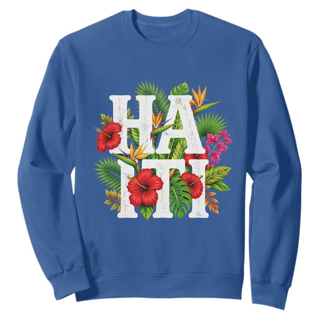 Haiti Tropical Floral Hibiscus Palm Leaves Island Graphic Sweatshirt Haitian Heritage Pride TS02 Royal Blue Print Your Wear