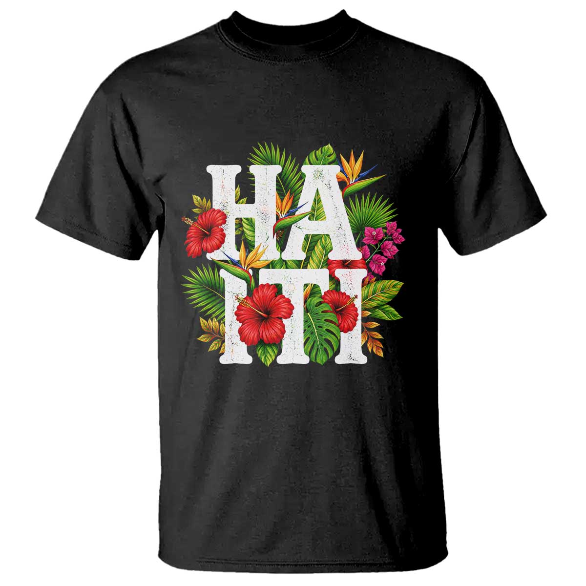Haiti Tropical Floral Hibiscus Palm Leaves Island Graphic T Shirt Haitian Heritage Pride TS02 Black Print Your Wear