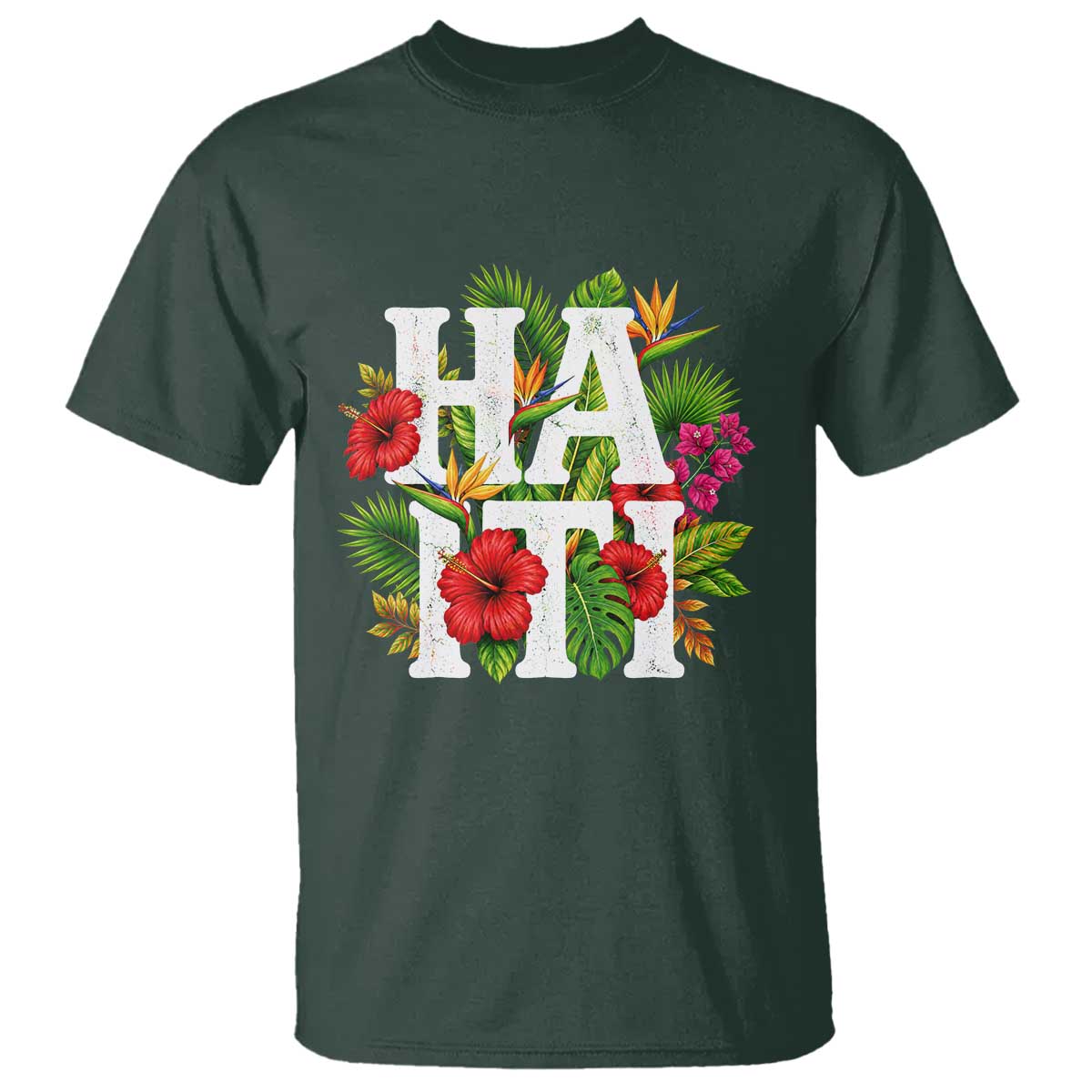 Haiti Tropical Floral Hibiscus Palm Leaves Island Graphic T Shirt Haitian Heritage Pride TS02 Dark Forest Green Print Your Wear