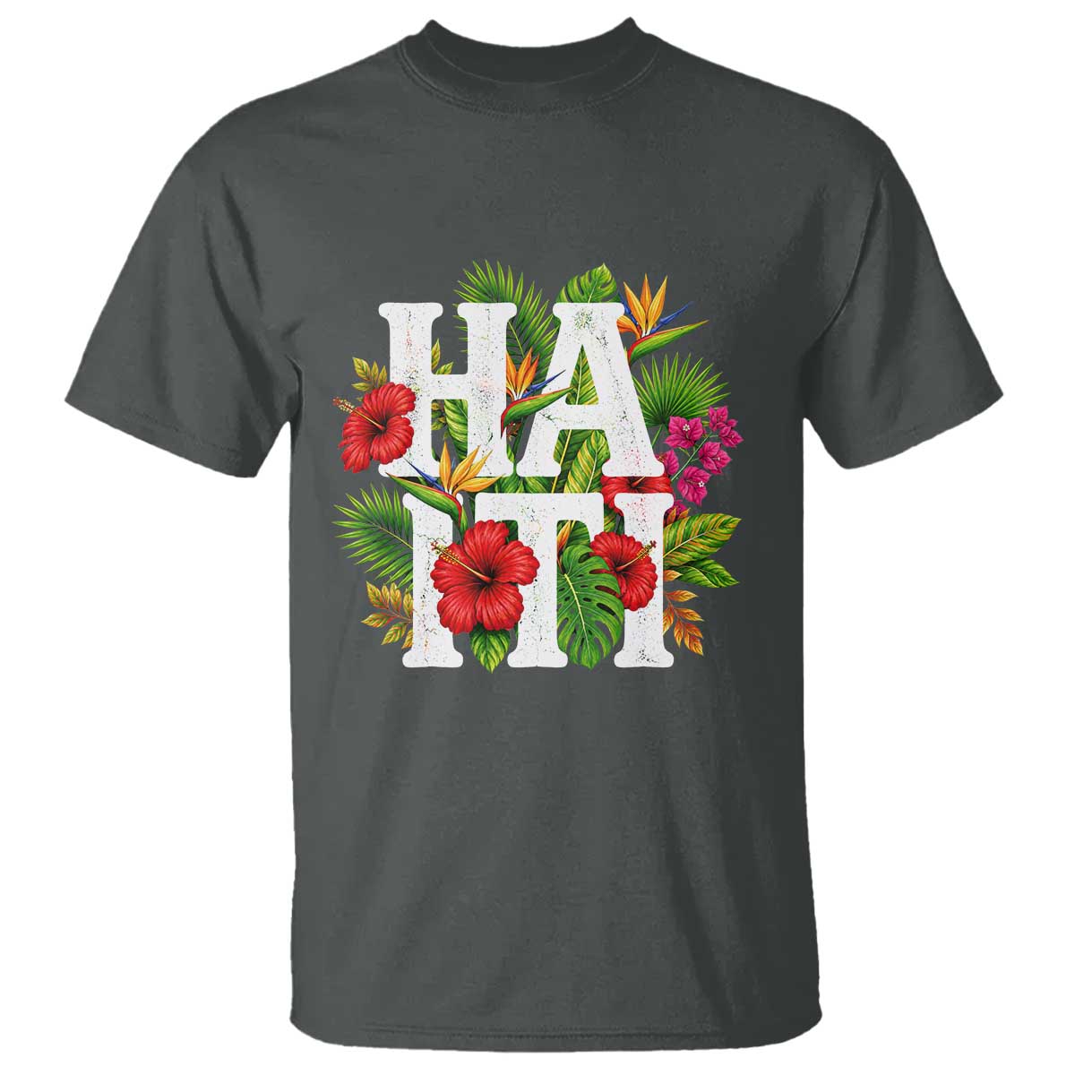 Haiti Tropical Floral Hibiscus Palm Leaves Island Graphic T Shirt Haitian Heritage Pride TS02 Dark Heather Print Your Wear