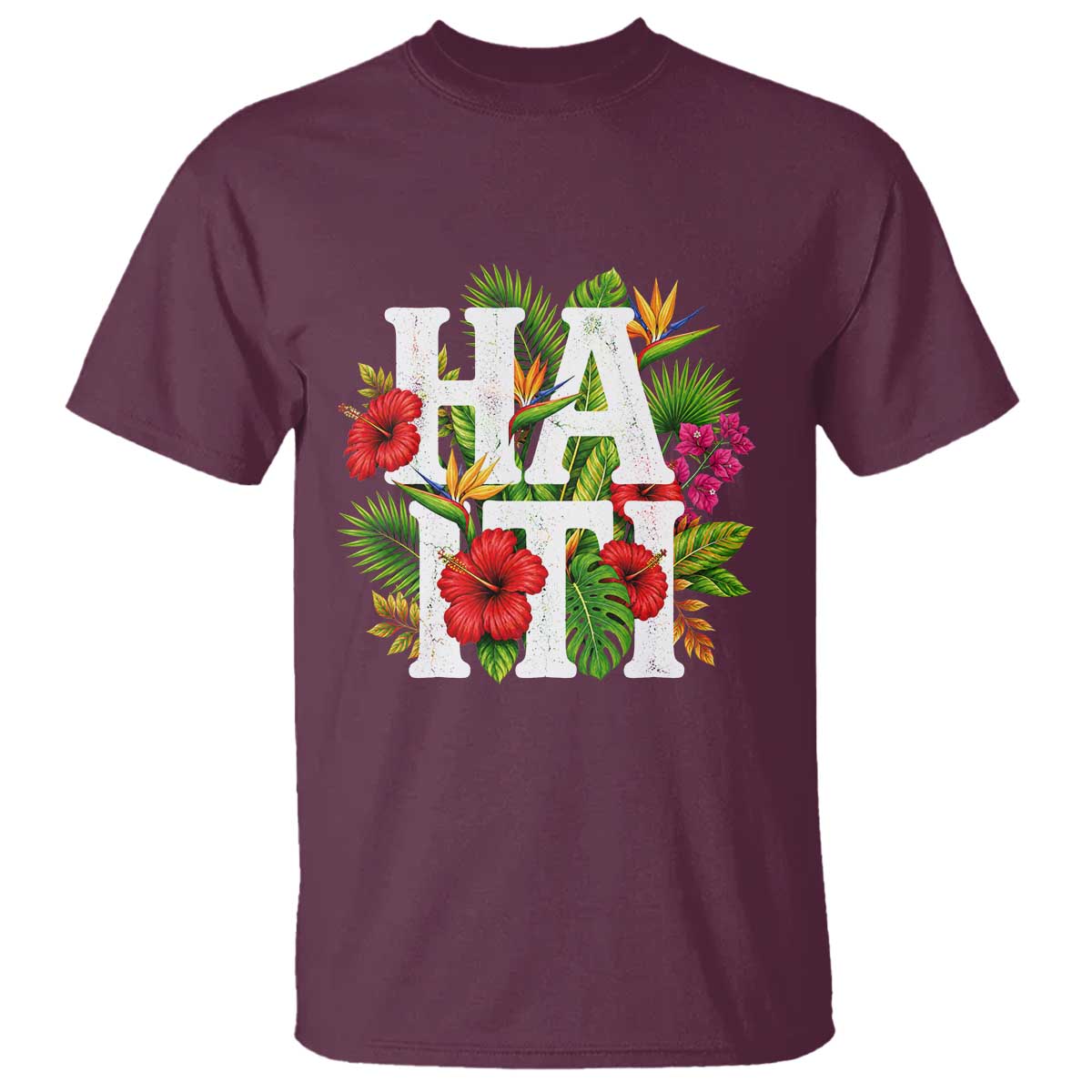 Haiti Tropical Floral Hibiscus Palm Leaves Island Graphic T Shirt Haitian Heritage Pride TS02 Maroon Print Your Wear