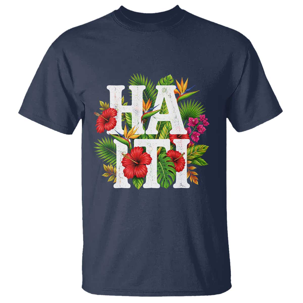 Haiti Tropical Floral Hibiscus Palm Leaves Island Graphic T Shirt Haitian Heritage Pride TS02 Navy Print Your Wear