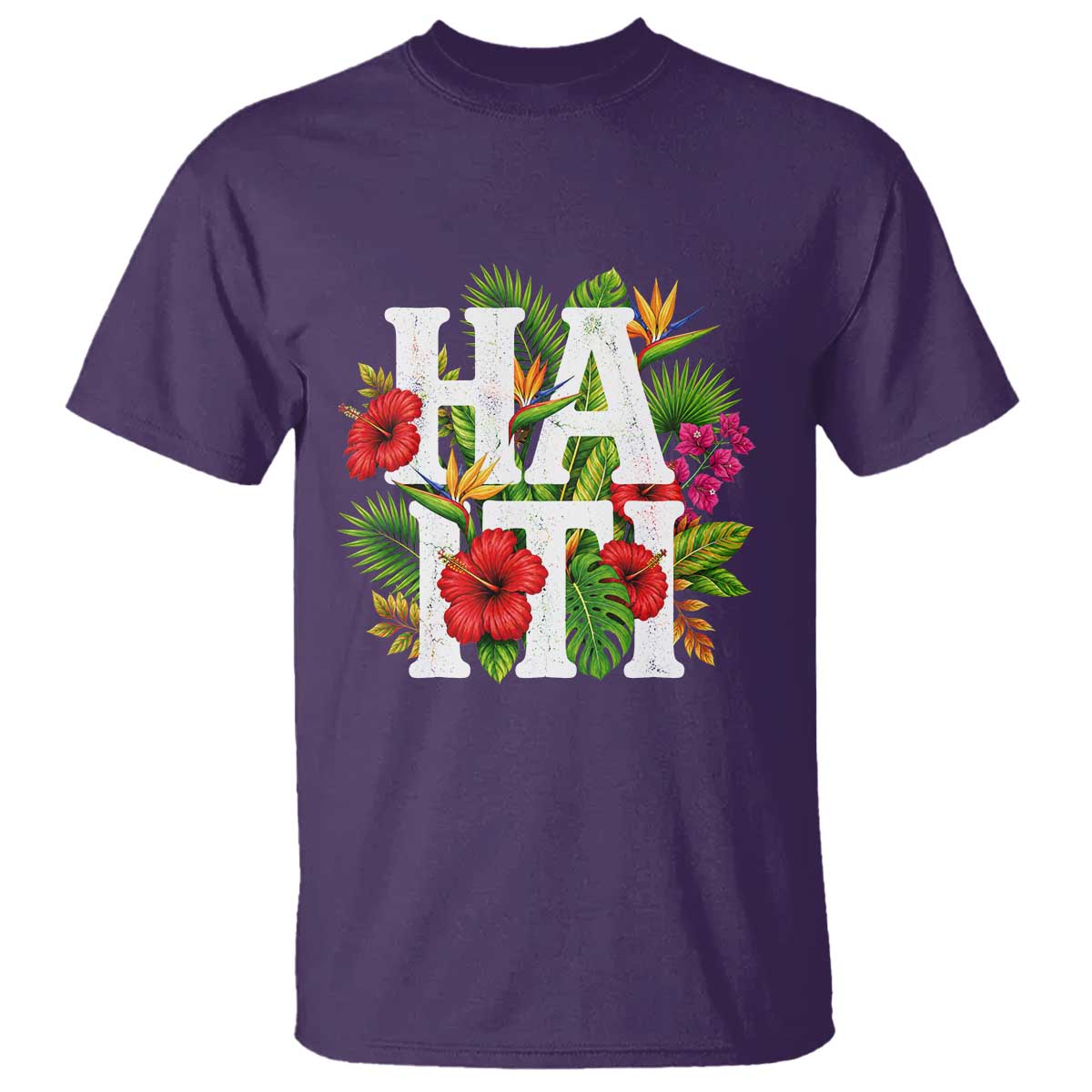 Haiti Tropical Floral Hibiscus Palm Leaves Island Graphic T Shirt Haitian Heritage Pride TS02 Purple Print Your Wear