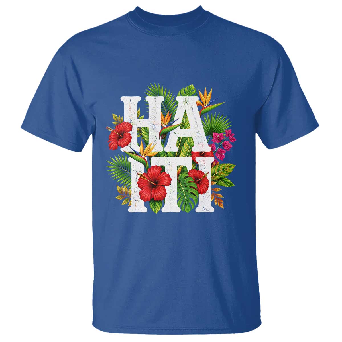 Haiti Tropical Floral Hibiscus Palm Leaves Island Graphic T Shirt Haitian Heritage Pride TS02 Royal Blue Print Your Wear