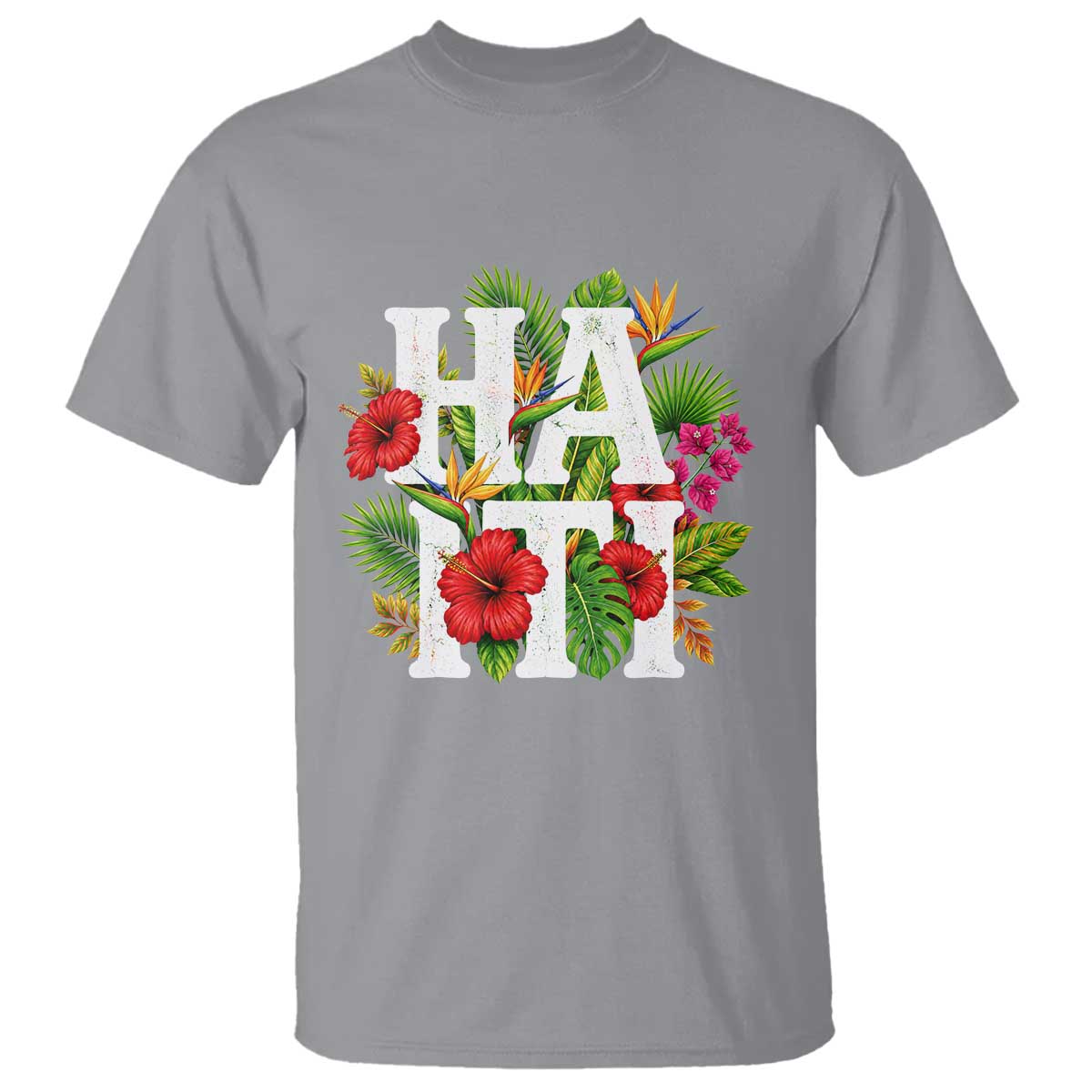 Haiti Tropical Floral Hibiscus Palm Leaves Island Graphic T Shirt Haitian Heritage Pride TS02 Sport Gray Print Your Wear