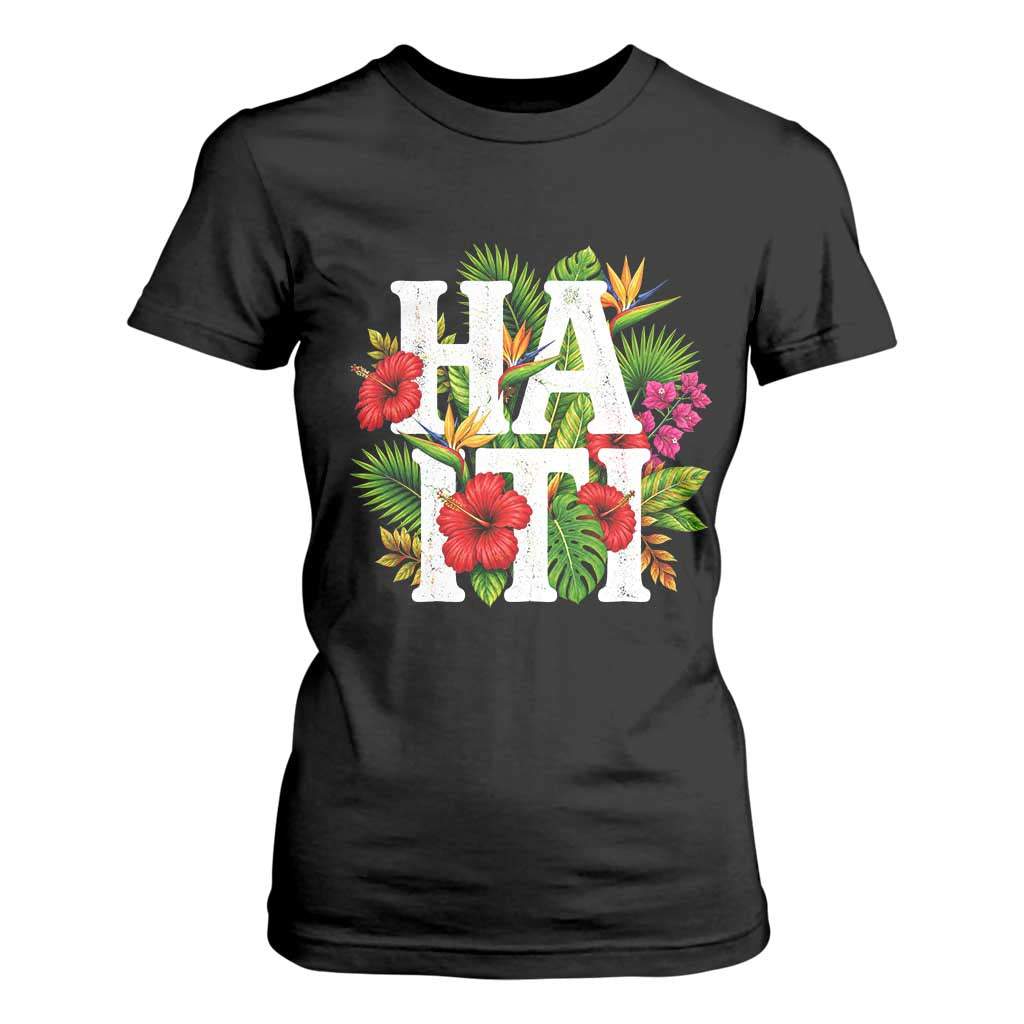 Haiti Tropical Floral Hibiscus Palm Leaves Island Graphic T Shirt For Women Haitian Heritage Pride TS02 Black Print Your Wear
