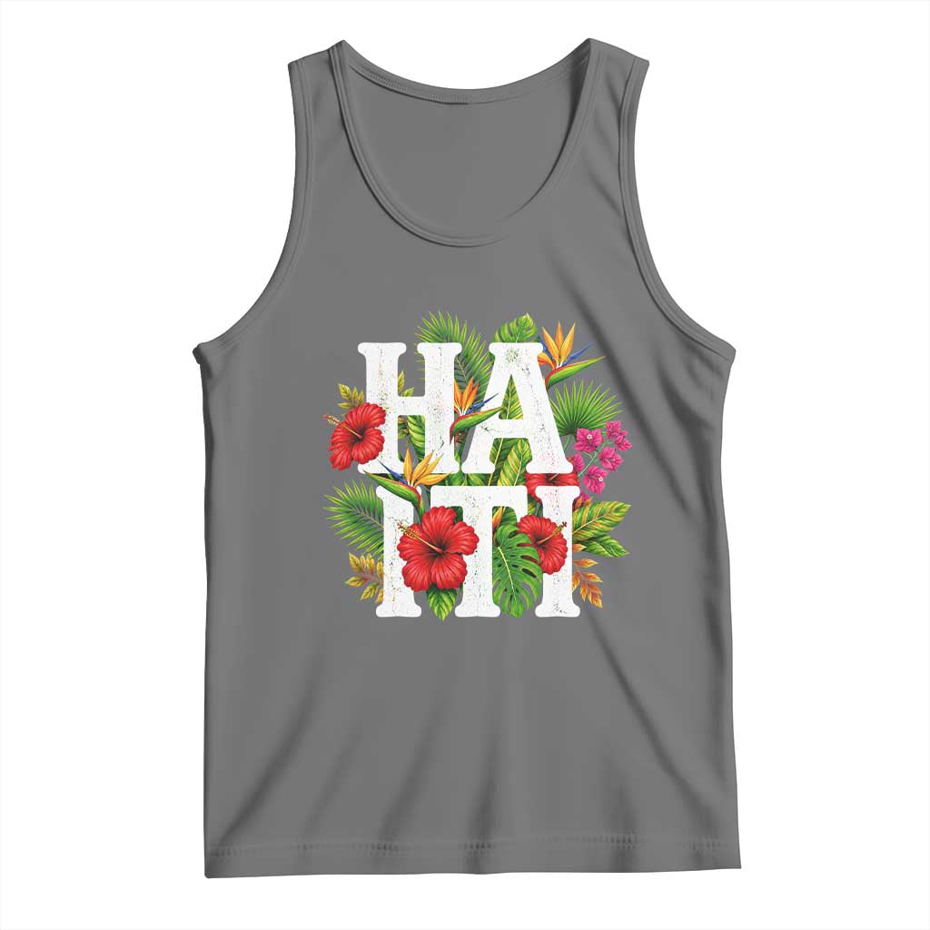 Haiti Tropical Floral Hibiscus Palm Leaves Island Graphic Tank Top Haitian Heritage Pride TS02 Black Heather Print Your Wear