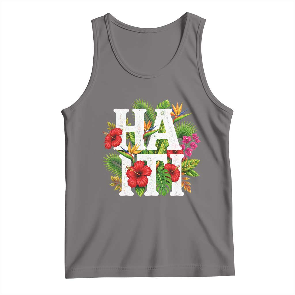 Haiti Tropical Floral Hibiscus Palm Leaves Island Graphic Tank Top Haitian Heritage Pride TS02 Deep Heather Print Your Wear