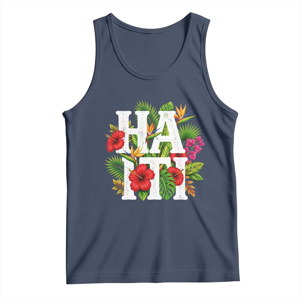 Haiti Tropical Floral Hibiscus Palm Leaves Island Graphic Tank Top Haitian Heritage Pride TS02 Navy Print Your Wear