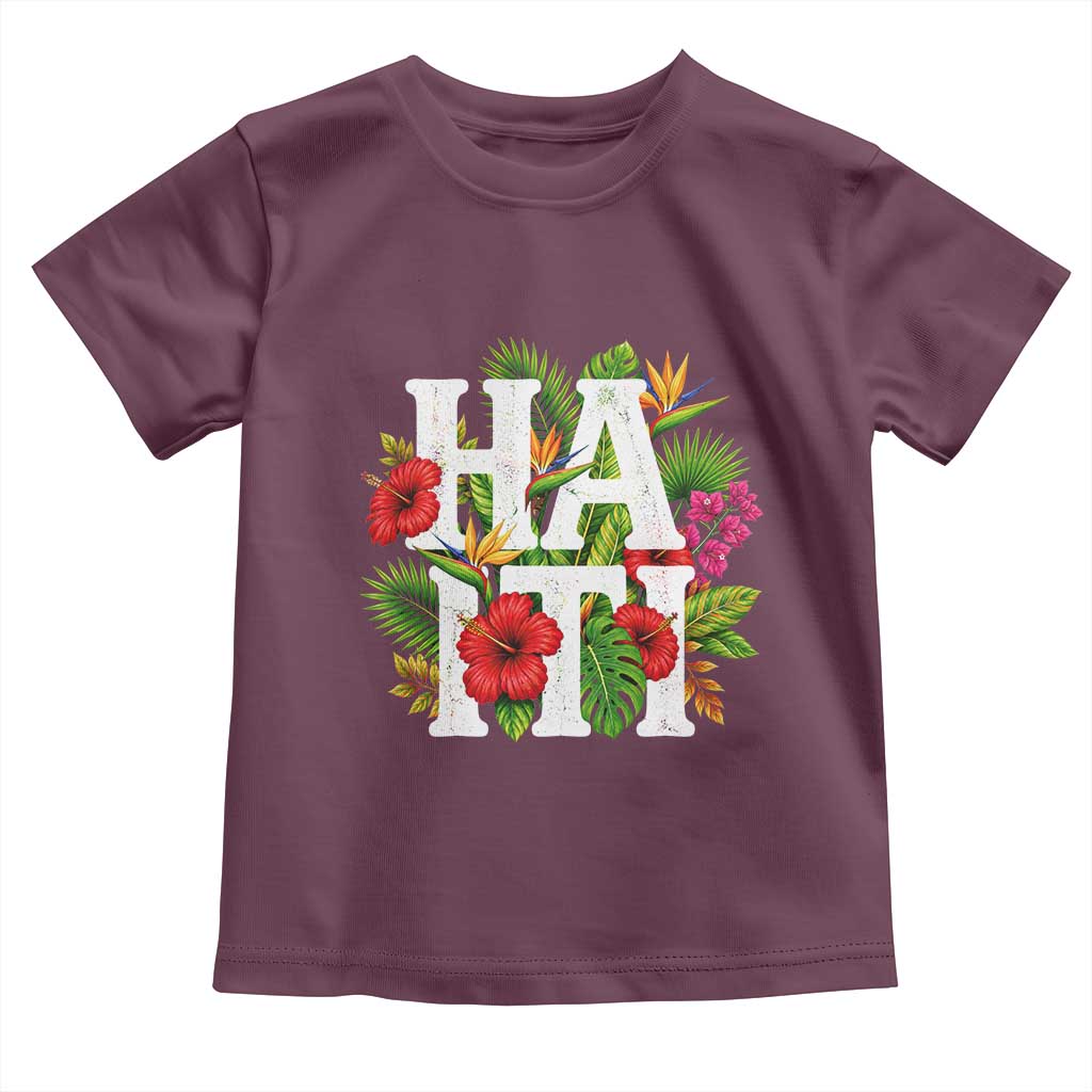 Haiti Tropical Floral Hibiscus Palm Leaves Island Graphic Toddler T Shirt Haitian Heritage Pride TS02 Maroon Print Your Wear
