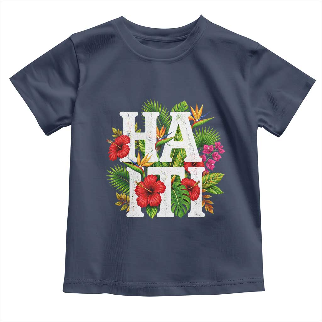Haiti Tropical Floral Hibiscus Palm Leaves Island Graphic Toddler T Shirt Haitian Heritage Pride TS02 Navy Print Your Wear