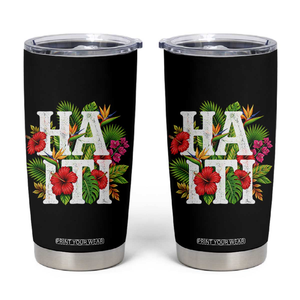 Haiti Tropical Floral Hibiscus Palm Leaves Island Graphic Tumbler Cup Haitian Heritage Pride TS02 Black Print Your Wear