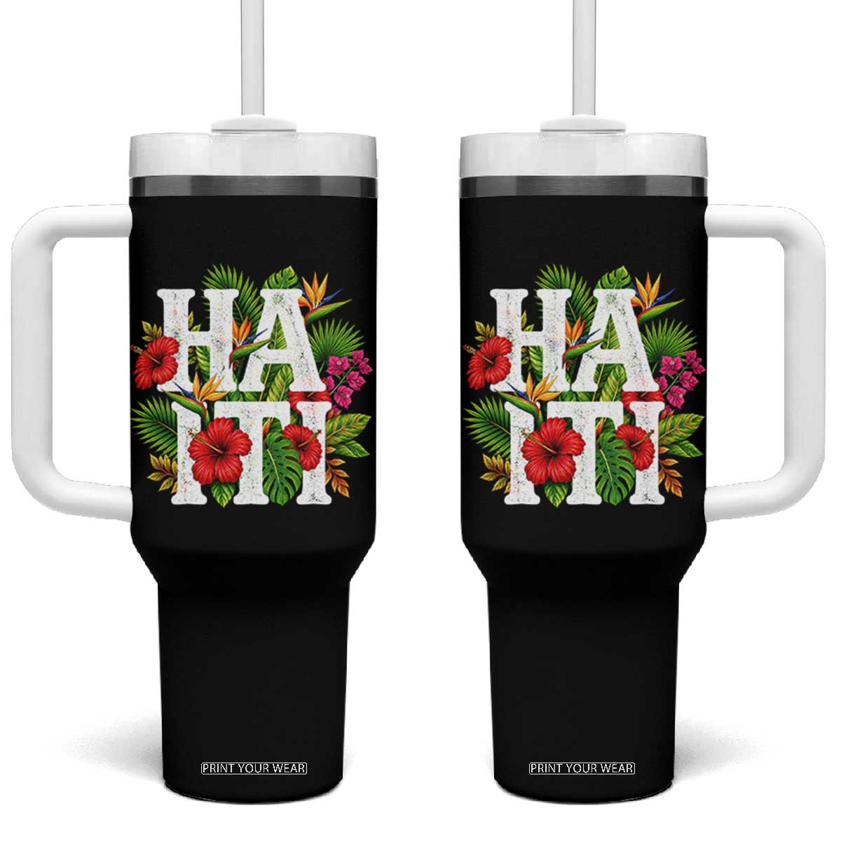 Haiti Tropical Floral Hibiscus Palm Leaves Island Graphic Tumbler With Handle Haitian Heritage Pride TS02 One Size: 40 oz Black Print Your Wear