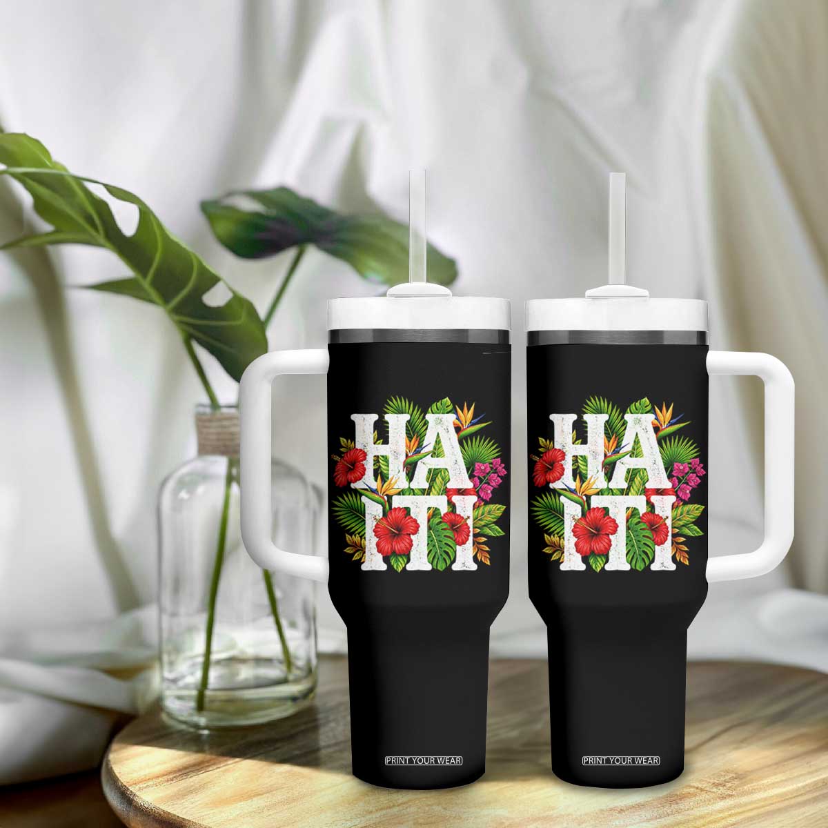 Haiti Tropical Floral Hibiscus Palm Leaves Island Graphic Tumbler With Handle Haitian Heritage Pride TS02 Print Your Wear