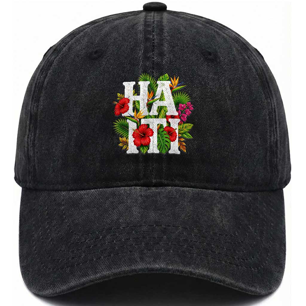 Haiti Tropical Floral Hibiscus Palm Leaves Island Graphic Washed Cotton Baseball Cap Haitian Heritage Pride TS02 Print Your Wear