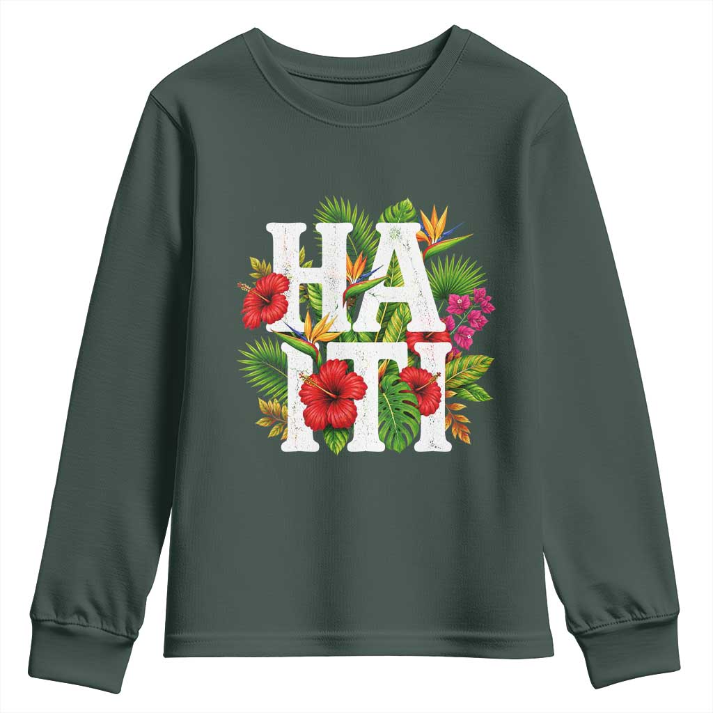 Haiti Tropical Floral Hibiscus Palm Leaves Island Graphic Youth Sweatshirt Haitian Heritage Pride TS02 Dark Forest Green Print Your Wear