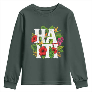 Haiti Tropical Floral Hibiscus Palm Leaves Island Graphic Youth Sweatshirt Haitian Heritage Pride TS02 Dark Forest Green Print Your Wear