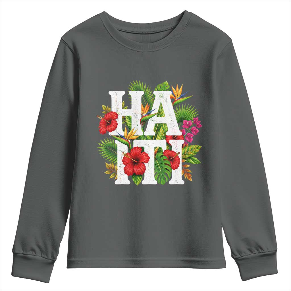 Haiti Tropical Floral Hibiscus Palm Leaves Island Graphic Youth Sweatshirt Haitian Heritage Pride TS02 Dark Heather Print Your Wear