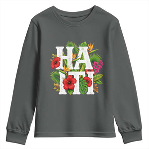 Haiti Tropical Floral Hibiscus Palm Leaves Island Graphic Youth Sweatshirt Haitian Heritage Pride TS02 Dark Heather Print Your Wear