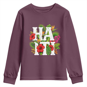 Haiti Tropical Floral Hibiscus Palm Leaves Island Graphic Youth Sweatshirt Haitian Heritage Pride TS02 Maroon Print Your Wear