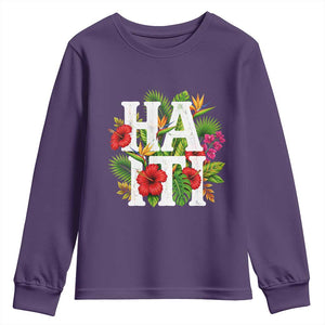 Haiti Tropical Floral Hibiscus Palm Leaves Island Graphic Youth Sweatshirt Haitian Heritage Pride TS02 Purple Print Your Wear