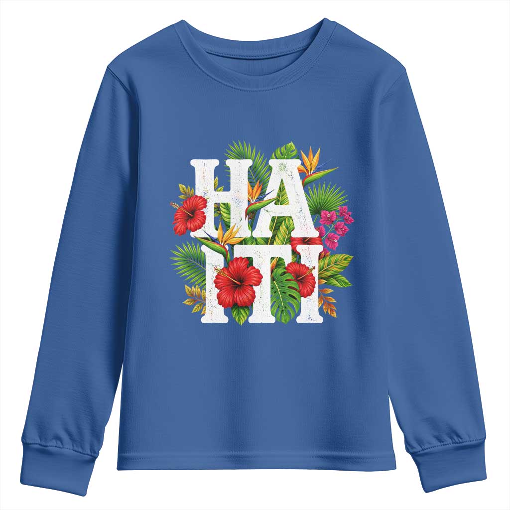 Haiti Tropical Floral Hibiscus Palm Leaves Island Graphic Youth Sweatshirt Haitian Heritage Pride TS02 Royal Blue Print Your Wear