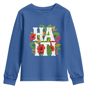 Haiti Tropical Floral Hibiscus Palm Leaves Island Graphic Youth Sweatshirt Haitian Heritage Pride TS02 Royal Blue Print Your Wear