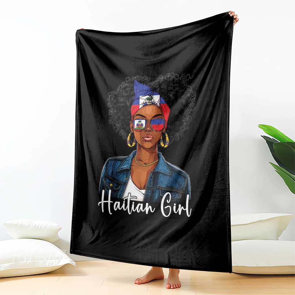 Proud Haitian Afro Girl in Denim Jacket Style Graphic Throw Blanket Haiti Heritage Pride TS02 Print Your Wear