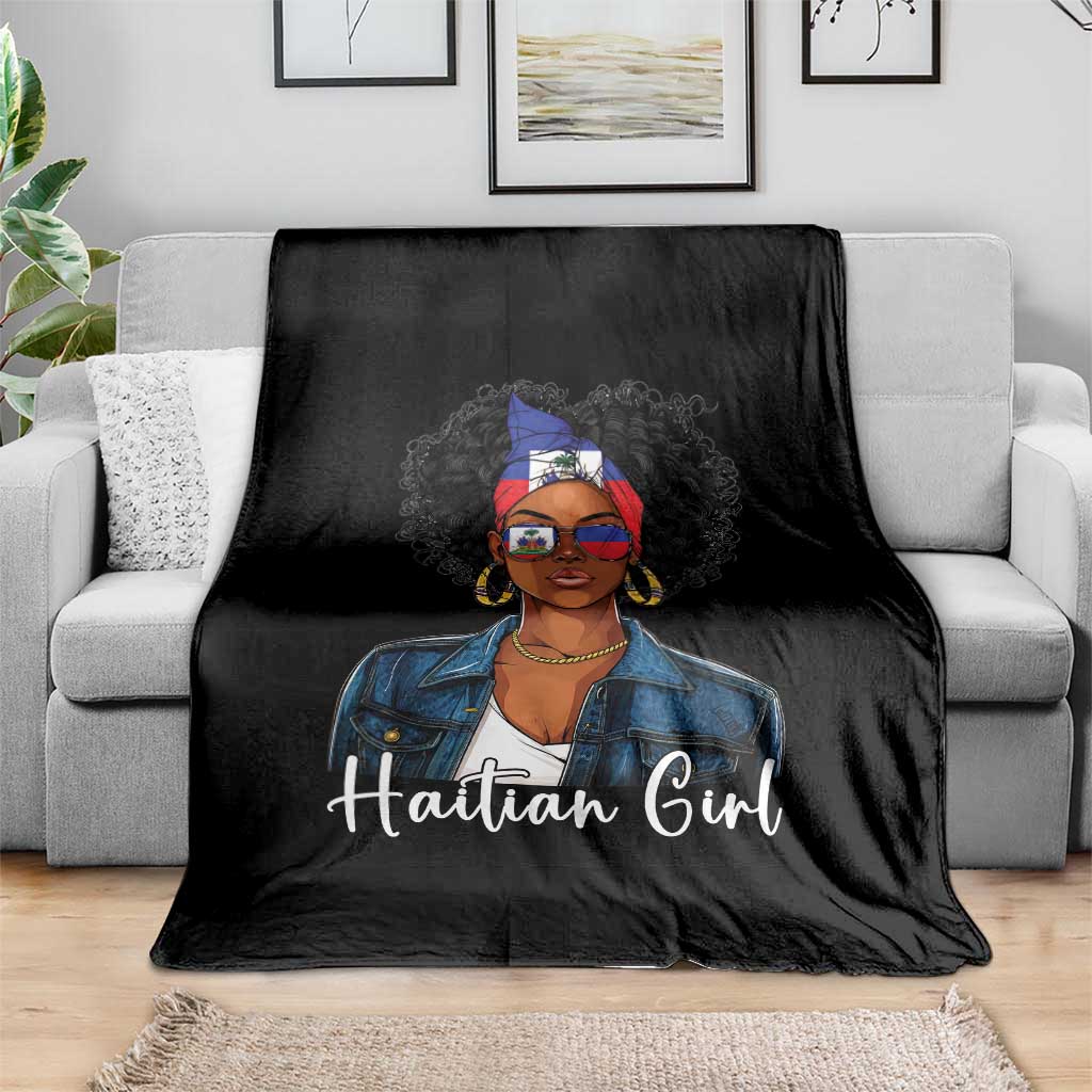 Proud Haitian Afro Girl in Denim Jacket Style Graphic Throw Blanket Haiti Heritage Pride TS02 Print Your Wear
