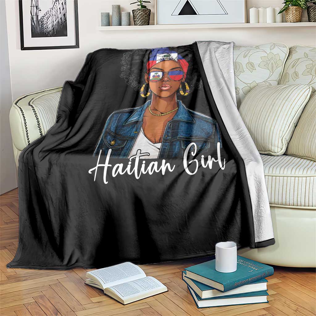 Proud Haitian Afro Girl in Denim Jacket Style Graphic Throw Blanket Haiti Heritage Pride TS02 Print Your Wear