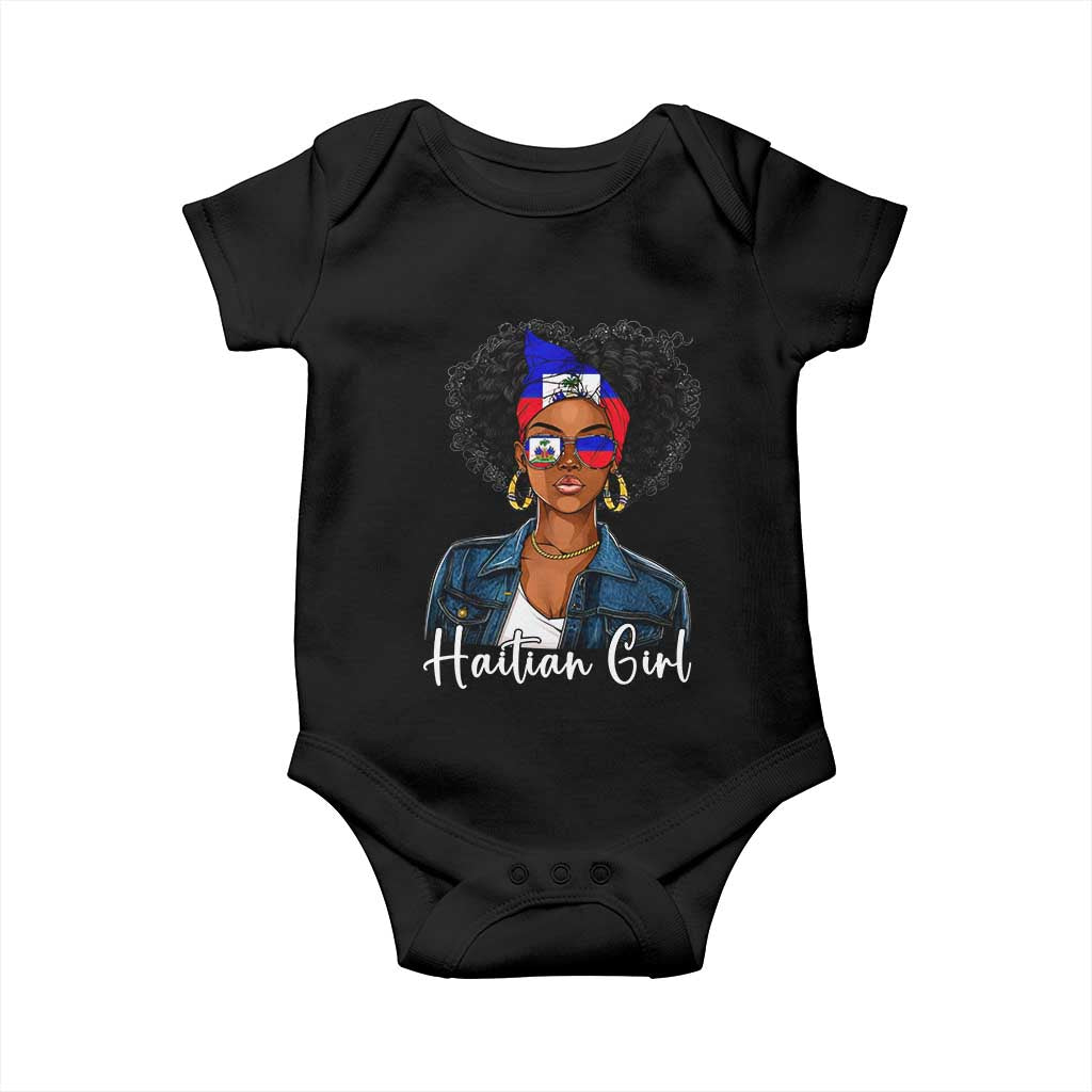 Proud Haitian Afro Girl in Denim Jacket Style Graphic Baby Onesie Haiti Heritage Pride TS02 Black Print Your Wear