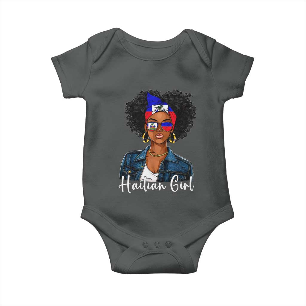 Proud Haitian Afro Girl in Denim Jacket Style Graphic Baby Onesie Haiti Heritage Pride TS02 Dark Heather Print Your Wear
