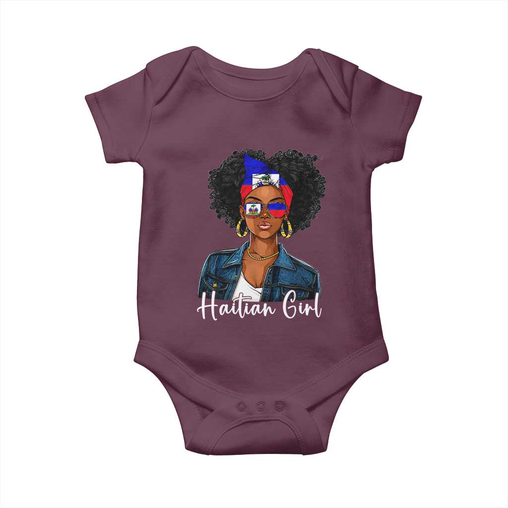 Proud Haitian Afro Girl in Denim Jacket Style Graphic Baby Onesie Haiti Heritage Pride TS02 Maroon Print Your Wear