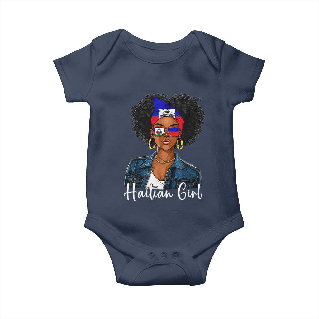Proud Haitian Afro Girl in Denim Jacket Style Graphic Baby Onesie Haiti Heritage Pride TS02 Navy Print Your Wear