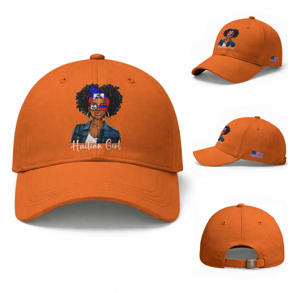 Proud Haitian Afro Girl in Denim Jacket Style Graphic Baseball Cap Haiti Heritage Pride TS02 Baseball Cap Universal Fit Orange Print Your Wear
