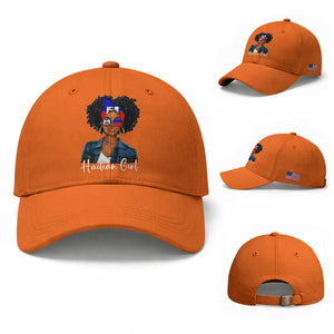 Proud Haitian Afro Girl in Denim Jacket Style Graphic Baseball Cap Haiti Heritage Pride TS02 Baseball Cap Universal Fit Orange Print Your Wear