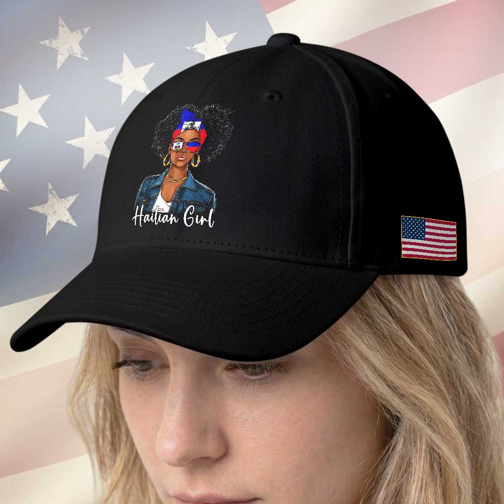Proud Haitian Afro Girl in Denim Jacket Style Graphic Baseball Cap Haiti Heritage Pride TS02 Print Your Wear