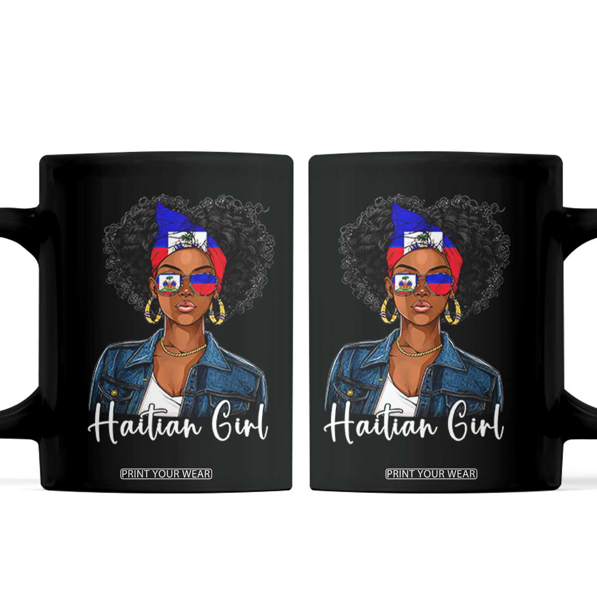 Proud Haitian Afro Girl in Denim Jacket Style Graphic Coffee Mug Haiti Heritage Pride TS02 Black Print Your Wear