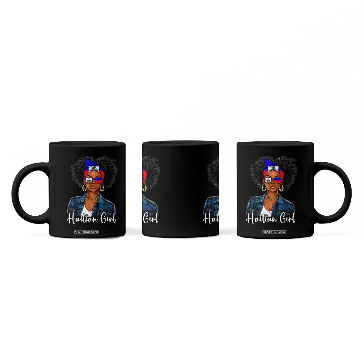 Proud Haitian Afro Girl in Denim Jacket Style Graphic Coffee Mug Haiti Heritage Pride TS02 Print Your Wear