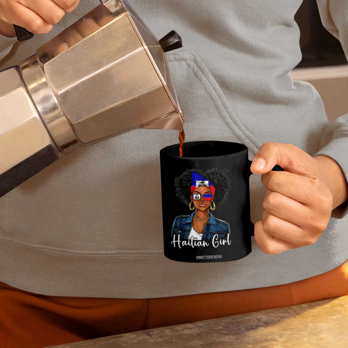 Proud Haitian Afro Girl in Denim Jacket Style Graphic Coffee Mug Haiti Heritage Pride TS02 Print Your Wear