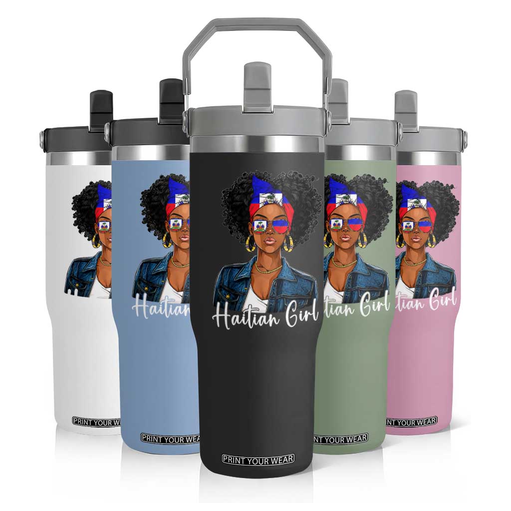 Proud Haitian Afro Girl in Denim Jacket Style Graphic Flip Straw Tumbler Haiti Heritage Pride TS02 Print Your Wear