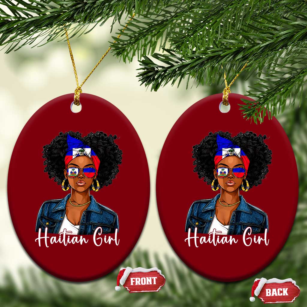 Proud Haitian Afro Girl in Denim Jacket Style Graphic Ceramic Ornament Haiti Heritage Pride TS02 Print Your Wear