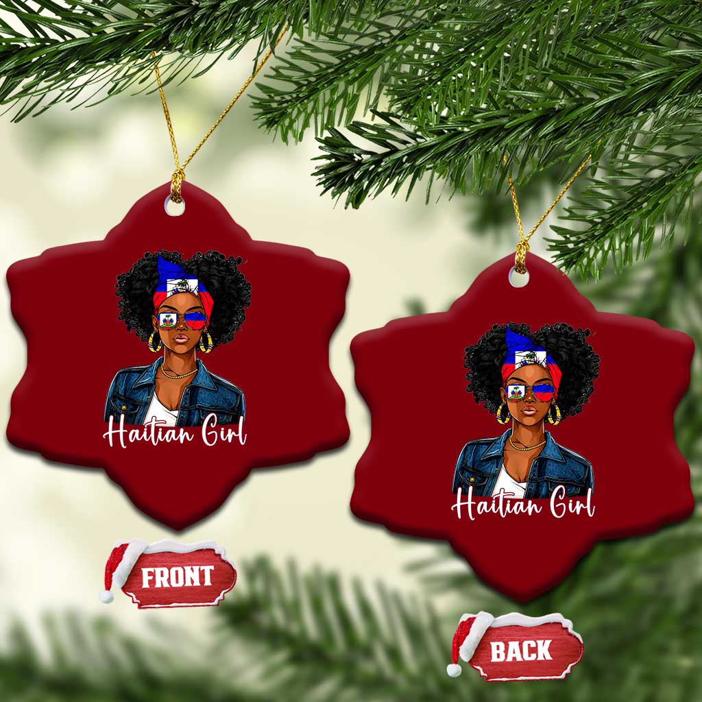 Proud Haitian Afro Girl in Denim Jacket Style Graphic Ceramic Ornament Haiti Heritage Pride TS02 Print Your Wear